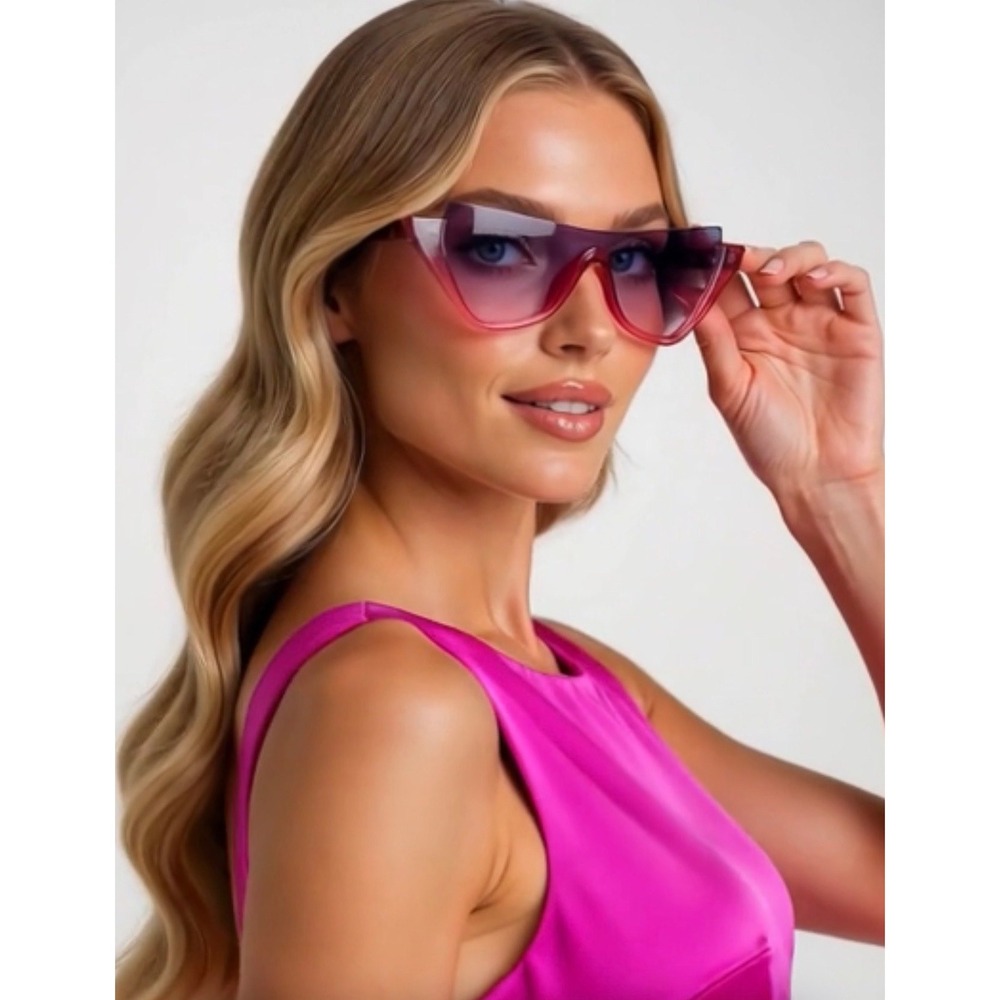Rimless Cat Eye Sunglasses Women Trendy‎ Purple Pink Gradient Shield Arms UV400